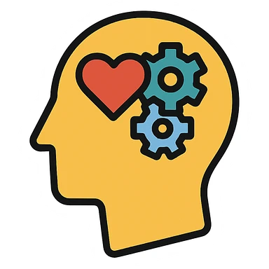 Vector illustration of a human head icon in profile view, with a heart or gears inside the head symbolizing emotional intelligence or cognitive processing. Clean and sharp lines, with subtle realistic shadows and glossy highlights for depth. Flat yet modern vector style. Transparent background sticker
