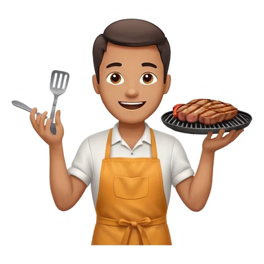 A cheerful man in an apron flipping meat on a sizzling grill with smoke puffing upward. sticker