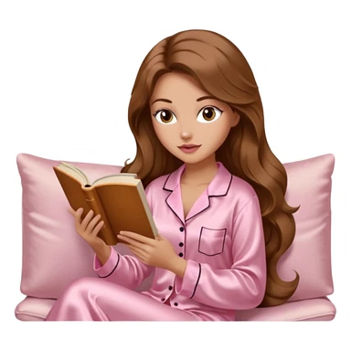 Woman with light tanned skin reading a book on Beige sofa. Long wavy brown hair. Beige ivory colour background. Light pink Silk pyjamas. Realistic person. Fox eye shape with long lashes. Pinky brown lips. sticker