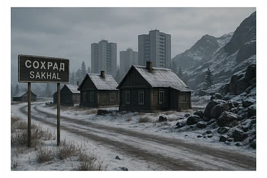 a view of the city street in a videogame: DayZ - in  Sakhal - snowy steppe tundra, rustic cabin houses, tall apartment blocks in the distance, mountainous and rocky terrain sticker