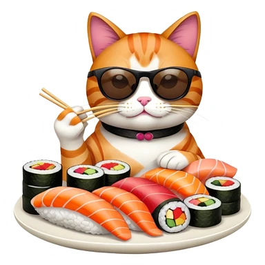cool cat wearing sunglasses eating a big pile of colorful sushi pieces, stylish cat enjoying sushi sticker