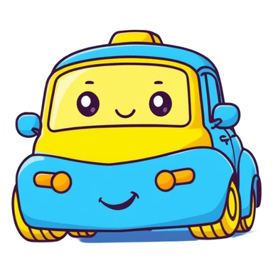 A yellow cartoon toy car with a cute face and rosy cheeks sticker