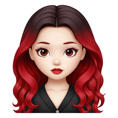 black ombre to red long wavy hair, pretty bratz baddie, pale skin, dark brown eyes, asian pretty bratz baddie sticker
