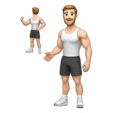 Full height Actively gesturing with hands Pale skinned Fit Man With the biceps and brown hair in dark gray Sleeveless Mike, black oversize sports shorts, watch and white Sneakers sticker