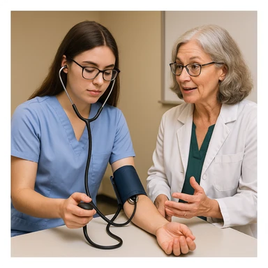 A student practicing a healthcare skill, such as taking blood pressure, while a teacher provides feedback, clinical skills practice, medical education sticker