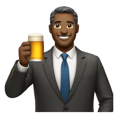 smiling man in formal attire holding a beer sticker