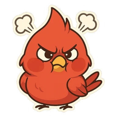 Chibi red male cardinal frowning with puffed cheeks and furrowed brows, steam puffs above head, angry but cute emoji. sticker