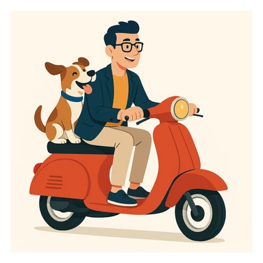 vector art of a man and his pet dog riding a vespa, for website design sticker