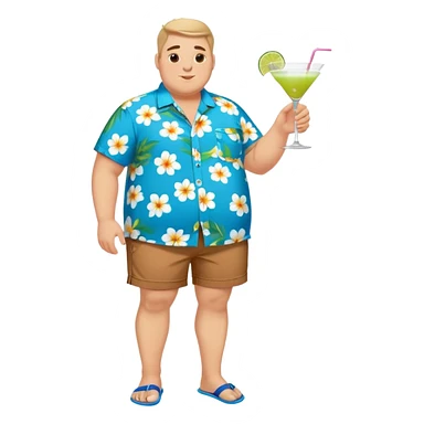 chubby guy full figure in a flowered azure havai shirt, brown shorts and flippers holding a cocktail sticker