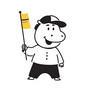hippo holding a yellow flag wearing a baseball cap sticker