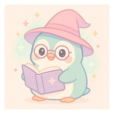 a chubby penguin wizard with glasses, holding an open spellbook, magical aura around sticker