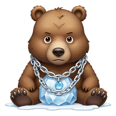 Serious realistic brown bear on all four legs wearing a thick chain made of ice around its neck, frozen chain links, stern expression sticker