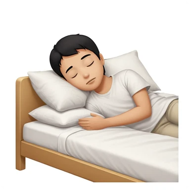 indonesian asian boy black hair wearing white tshirt, is sleeping on white bed sticker