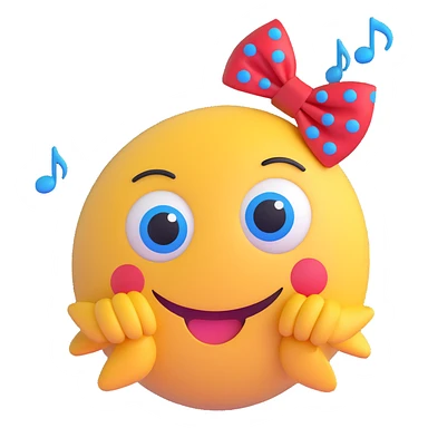 3D smiley emoji, large eyelashes, red polka dot bow, amazed, raised eyebrows, blue eyes, musical notes sticker