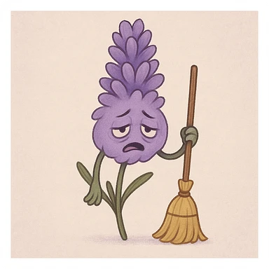 soft purple lavender flower holding a broom, very exhausted expression sticker