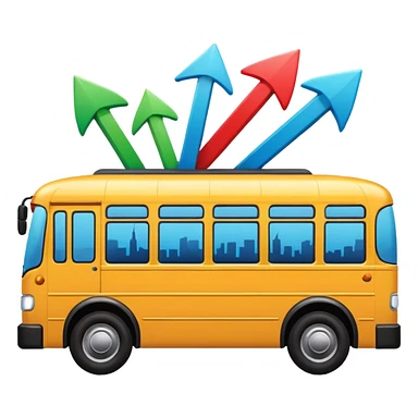 a bus from an angle with three colorful directional arrows pointing to city icons, Apple emoji style, vibrant colors sticker