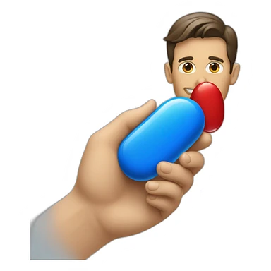 a man handing a blue pill and red pill sticker