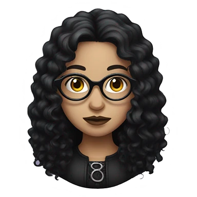 a gothic girl with long black curly hair and circular glasses sticker
