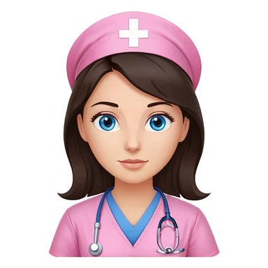 Female nurse, long dark brunette hair, blue eyes, sunkissed skin, pink scrubs sticker