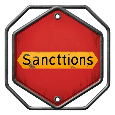 red, road sign, hexagonal, with the inscription SANCTIONS sticker