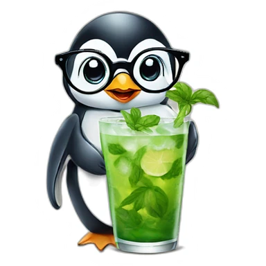baby penguin with big glasses drinking mojito sticker
