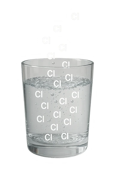 un bicchiere di acqua fluttua in aria realistico e dettagliato, dentro l'acqua del bicchiere ci sono particelle di cloro ben visibili con la scritta "Cl" sopra, ci sono particelle anche che escono dal bicchiere e fluttuano in aria verticalmente, mentre alcune sono all'interno dell'acqua nel bicchiere, iperrealistico 4k sticker