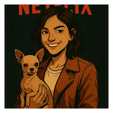 Change the facial expression to a joyful and confident look in the style of a Netflix series, keeping all other elements identical. sticker