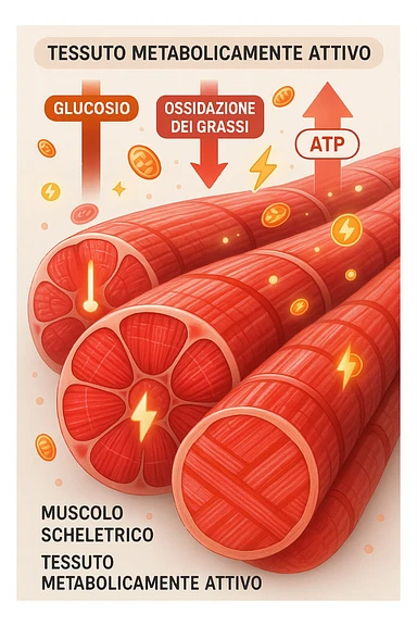 a highly detailed cross-section of human skeletal muscle fibers, shown in vibrant red and pink tones, with visible striations and realistic texture. Glowing arrows and animated icons represent active metabolic processes—such as glucose uptake, fat oxidation, and ATP production—occurring within the muscle tissue. Surrounding the muscle, floating symbols for mitochondria and energy highlight its metabolic activity. The background is clean and clinical, with subtle labels and infographics explaining that muscle is a metabolically active tissue. The overall style is modern, scientific, and visually engaging, suitable for educational or medical use. in italiano sticker