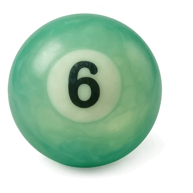 pool billiards 6-ball, retro 90's toy style, very transparent, slightly see-through, green with white circle and number 6, soft plastic texture, soft reflections, soft and squishy, some cloudiness, not shiny, highly detailed, appealing, no tag, no background sticker