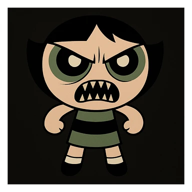 Make Buttercup from Powerpuff Girls scary like the reference, with a menacing face, sharp teeth, intense eyes, but keep her signature green dress and short hair, cartoon style, black background. sticker