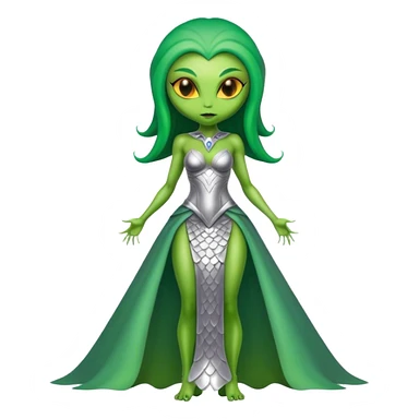 Green Alien woman with scales skin in silver dress, full figure, yellow eyes sticker