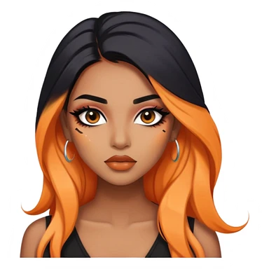 indian girl, brown skin, long black hair, light orange underneath colored hair, baddie,pretty, makeup, lipliner, black eyeliner, sticker