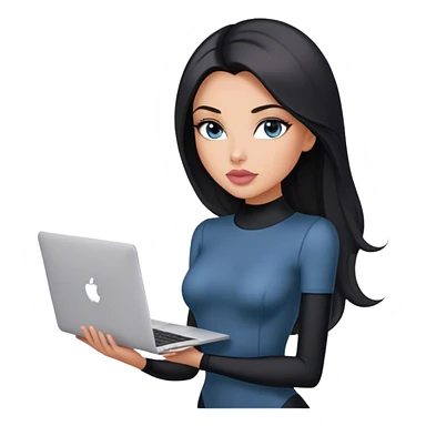 Glamours, tanned, very beautiful girl, with big pump peach-beige-rose lips, black straight smooth silky long hair, straight parting, blue-grey eyes, in short sleeves black bodysuit holding MacBook sticker