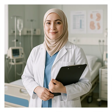 a hijabi midwife with pale skin, standing confidently, clipboard in hand, hospital background sticker