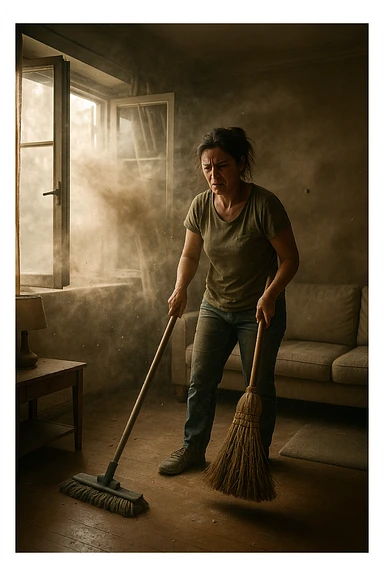 A realistic, cinematic image of a person cleaning a living room with a mop and broom, windows wide open letting in a strong gust of wind. Through the open windows, thick clouds of dust, pollen, and small debris visibly swirl into the room, floating in sunbeams that highlight the particles in the air. The person looks frustrated and tired, mid-action sweeping but clearly battling the incoming dust. Around the room, some furniture and surfaces already show a thin layer of dust settling. The scene is bathed in natural daylight with a slightly hazy atmosphere due to the airborne dust. The color palette uses warm, muted tones emphasizing the contrast between cleanliness efforts and the stubborn dirt and dust invading the space. The focus is on the tension between trying to clean and the unavoidable mess coming in from outside. sticker