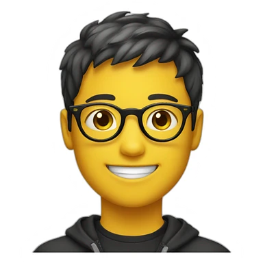 A smiling boy with short hair and yellow skin wearing black-framed round glasses sticker