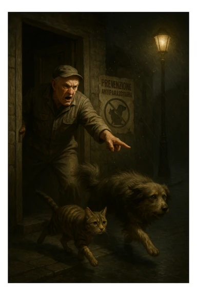 Un uomo anziano in tuta da lavoro, con espressione arrabbiata, butta fuori i suoi animali con aperta la porta di casa mentre il suo cane (un meticcio a pelo lungo) e il gatto (soriano) scappano nella strada buia sotto la pioggia. Particelle di polvere/pulci fluttuano nell'aria illuminata dal lampione. Sullo sfondo, un poster strappato del veterinario con scritto 'Prevenzione antiparassitaria'. Stile fotorealistico, illuminazione Caravaggesca, toni grigi e ocra. in italiano sticker