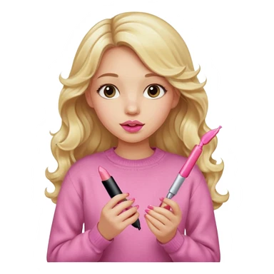 A long curled blonde haired  young girl with a pink sweater and holding a lip gloss sticker