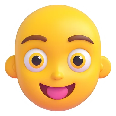 cute 3D cartoon emoji of a happy yellow face, big glossy eyes, open mouth smiling, shiny surface, raised eyebrows, isolated on transparent background sticker