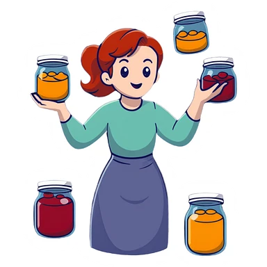 redhead woman juggling with 3 glass jars with jam sticker