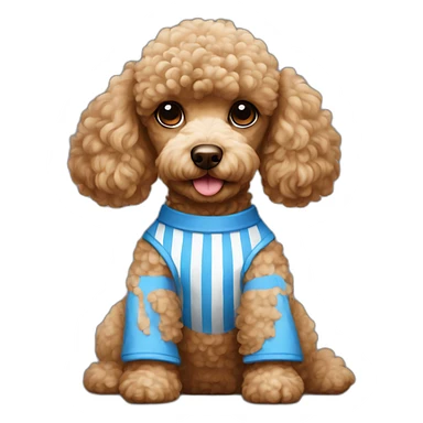 Light brown poodle seated with a white and blue vertical striped t-shirt sticker