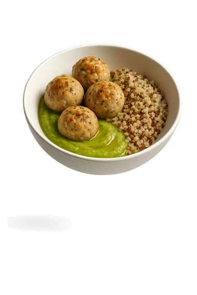 bowl bianca fluttua in aria con polpette di tacchino, purè di zucchine, quinoa e olio di oliva, iperrealistico 4k sticker