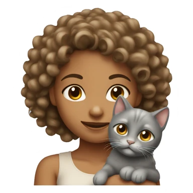 Tanned curly girl holding a grey puffy cat sticker