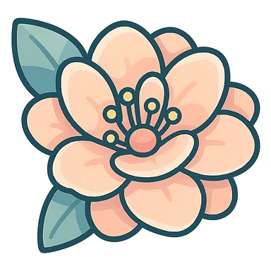 peach flower with multiple layers of petals, icon-color-outlined style, volumetric, detailed shadows and highlights, smooth color transitions, thin clean contours, soft rounded shapes, pastel palette #98B5BC, #B5B3C1, #C9A3C9, #E4C0CA, #F7DCD1, #F7C0AA, modern Japanese pop art and sticker aesthetics, soft lighting, transparent background sticker