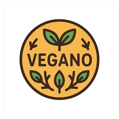 the word VEGANO in a circular badge design, with plant motifs and earthy tones, ideal for a vegan product label sticker