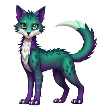 Kawaii dark edgy dark deep purplish with dark green eyes fantasy feline-vernid-sergal-fursona animal creature with a tufted tail full body with intricate markings  sticker