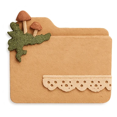 cottagecore style folder icon, cozy vintage folder made of textured paper or wood, decorated with moss, tiny mushrooms, delicate lace, soft earthy tones, peaceful rural cottage atmosphere, no text sticker
