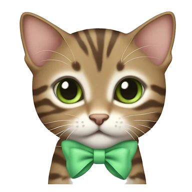 kawaii brown tabby kitten with green eyes and pastel green bow on top of head sticker