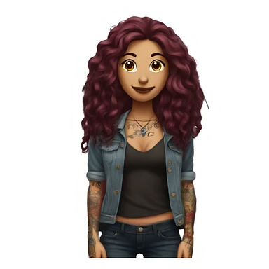 Beautiful tattooed burgundy long haired woman standing next to a car sticker