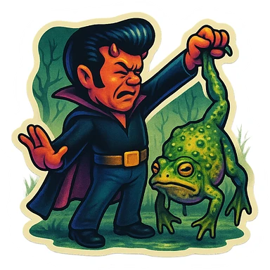 Retro sticker style with no borders on stickers. Helvis character with a short cape and very tiny horns, holding a giant slimy toad by one leg, arm outstretched, face turned away in disgust. Swampy background with a grim vibe maintained. sticker